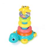 blow molded stacking toy with turtle-shaped base and colorful rings