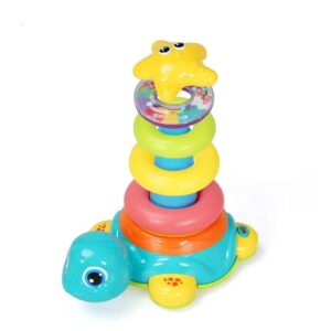 blow molded stacking toy with turtle-shaped base and colorful rings