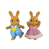 mini flocked bunny couple figurines with blue and pink outfits