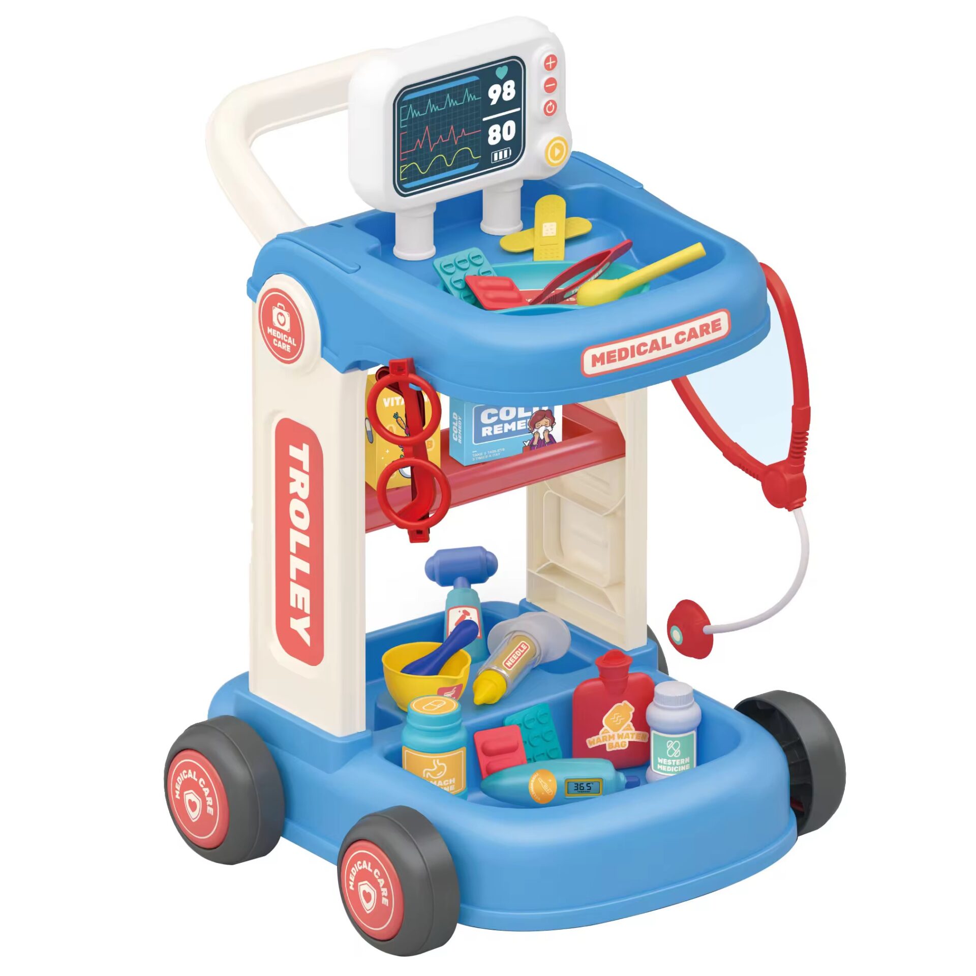 . blow molded medical cart toy with role play equipment