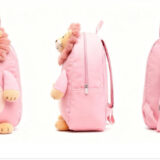 lose-up of Pink Lion Backpack with Embroidered Lion Face and Soft Plush Material"