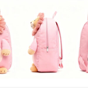 lose-up of Pink Lion Backpack with Embroidered Lion Face and Soft Plush Material"