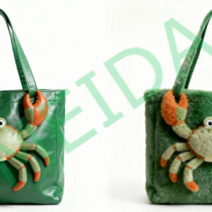 Green crab plush tote bag with soft texture detail