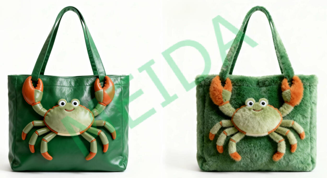 2-Crab Character Tote Bag Duo-Faux Leather & Plush Variants in Green Green crab plush tote bag with soft texture detail