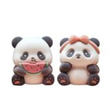 mini flocked panda pair figurines bow tie edition