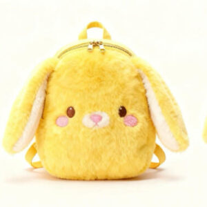 Yellow bunny backpack plush showing front side back and side views
