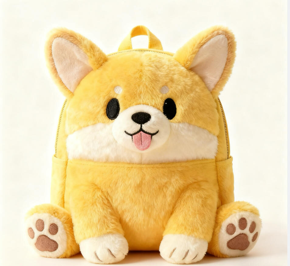 29Shiba Inu Backpack-Cute Plush 3D Dog Design with Tongue Out, Paw Prints and Emb Face Shiba Inu backpack plush with tongue-out dog face and plush body