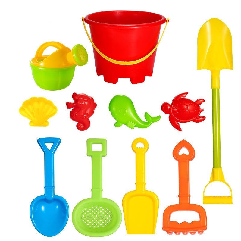 blow molded beach toy set with bucket shovel and sand molds