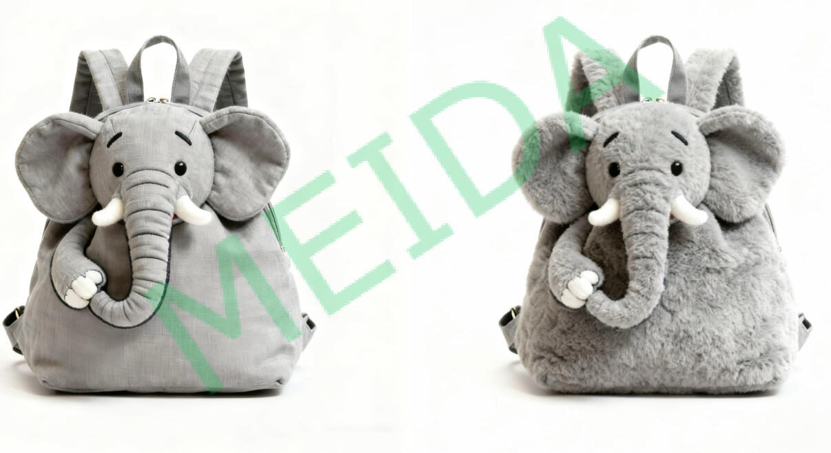 3-Elephant Character Backpack Duo – Smooth Fabric & Plush Variants with 3D Trunk Design Elephant plush backpack with 3D trunk detail