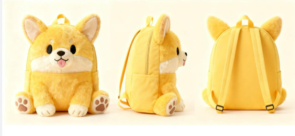 Shiba Inu backpack plush showing front side back and 3D views