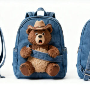 cowboy bear plush character wearing hat attached to denim backpack detail