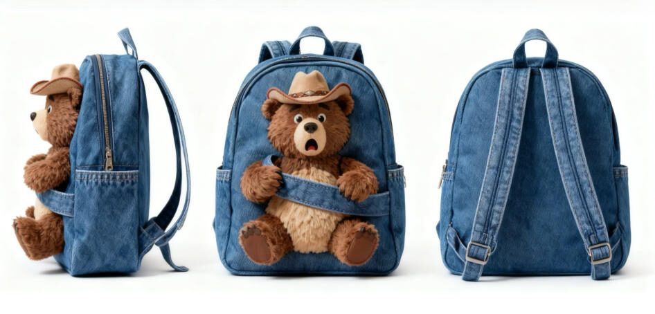 cowboy bear plush character wearing hat attached to denim backpack detail