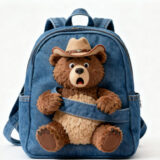 cowboy bear denim backpack plush with hat and plush arms front view