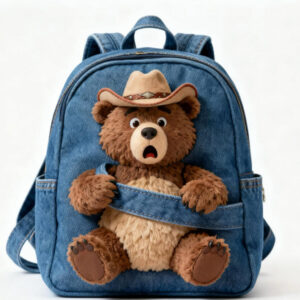 cowboy bear denim backpack plush with hat and plush arms front view