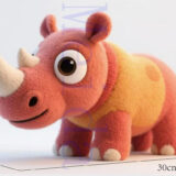 Fuzzy rhino plush toy with rounded body and horn detail