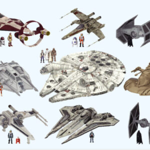 Sci fi space vehicle character collection with multiple spacecraft designs for display