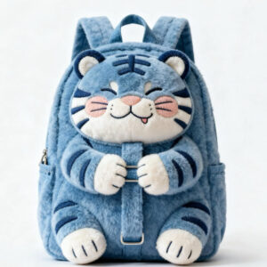 blue tiger plush backpack front view