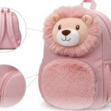 Plush lion face kids backpack front view Plush lion backpack with soft facial details