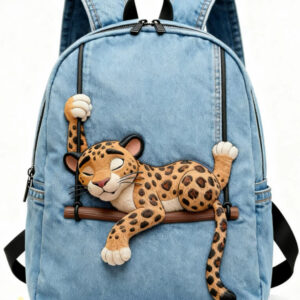 sleeping leopard denim backpack front view