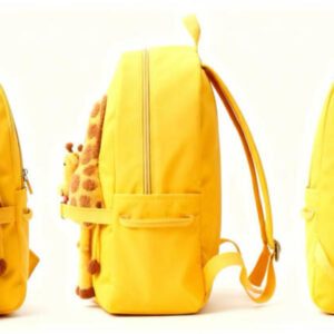 3D giraffe character detail on yellow backpack front panel