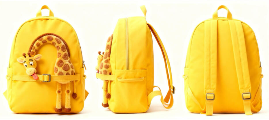 3D giraffe character detail on yellow backpack front panel